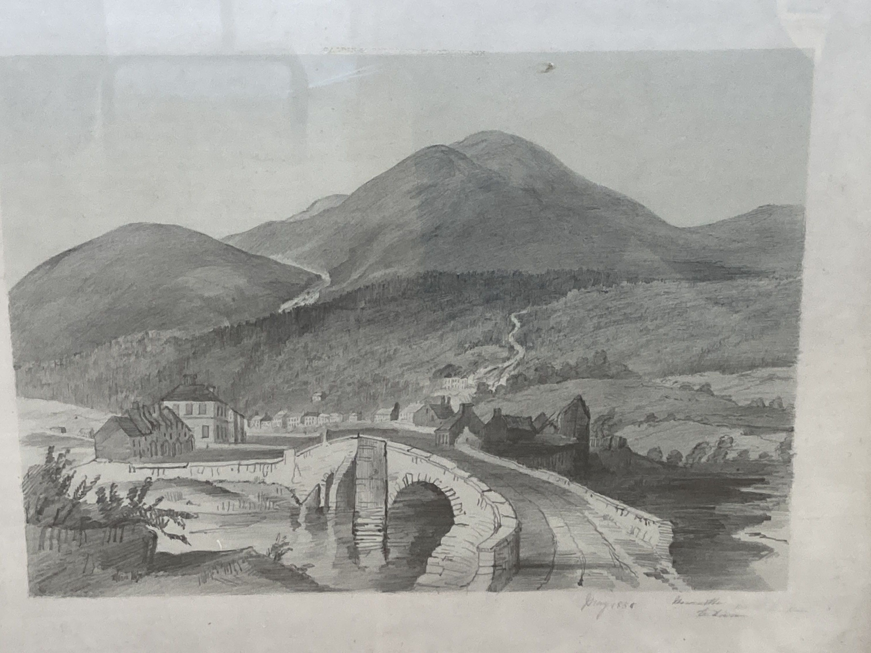 English School c.1850, two pencil and wash drawings, Study of ruins and View of town and mountains, inscribed, 26 x 36cm